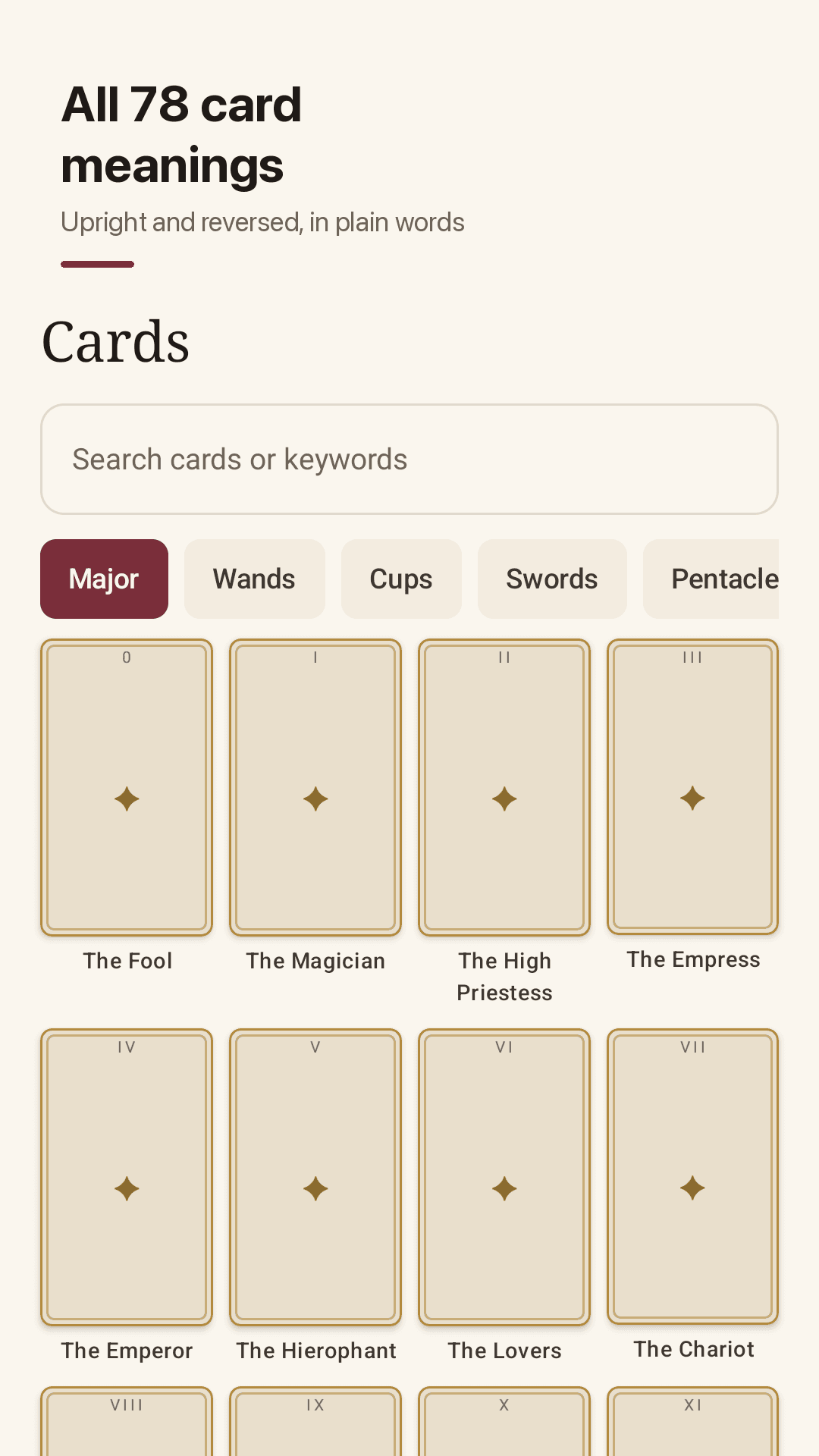 All 78 card meanings, searchable