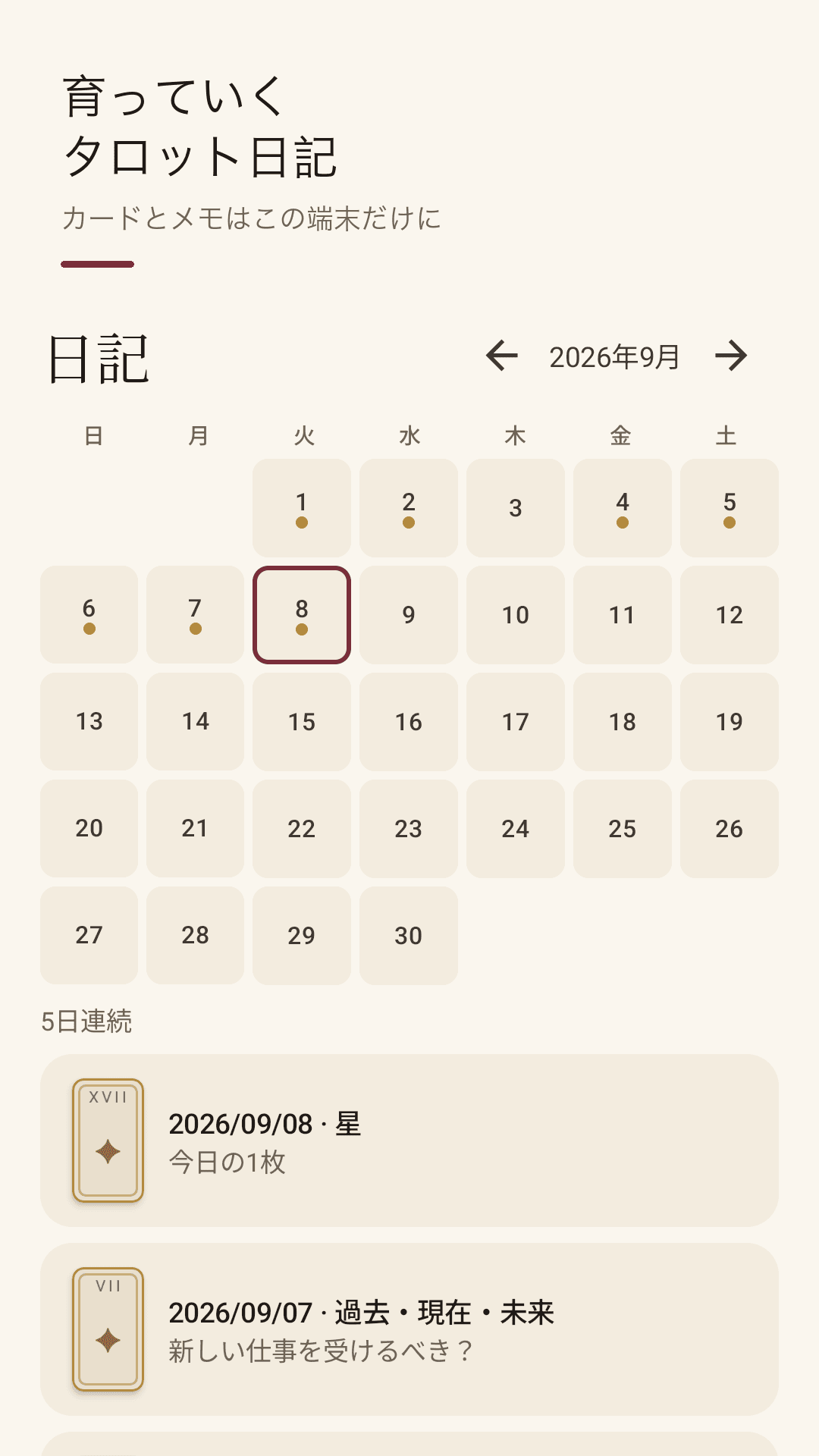 金色の点が並ぶタロット日記