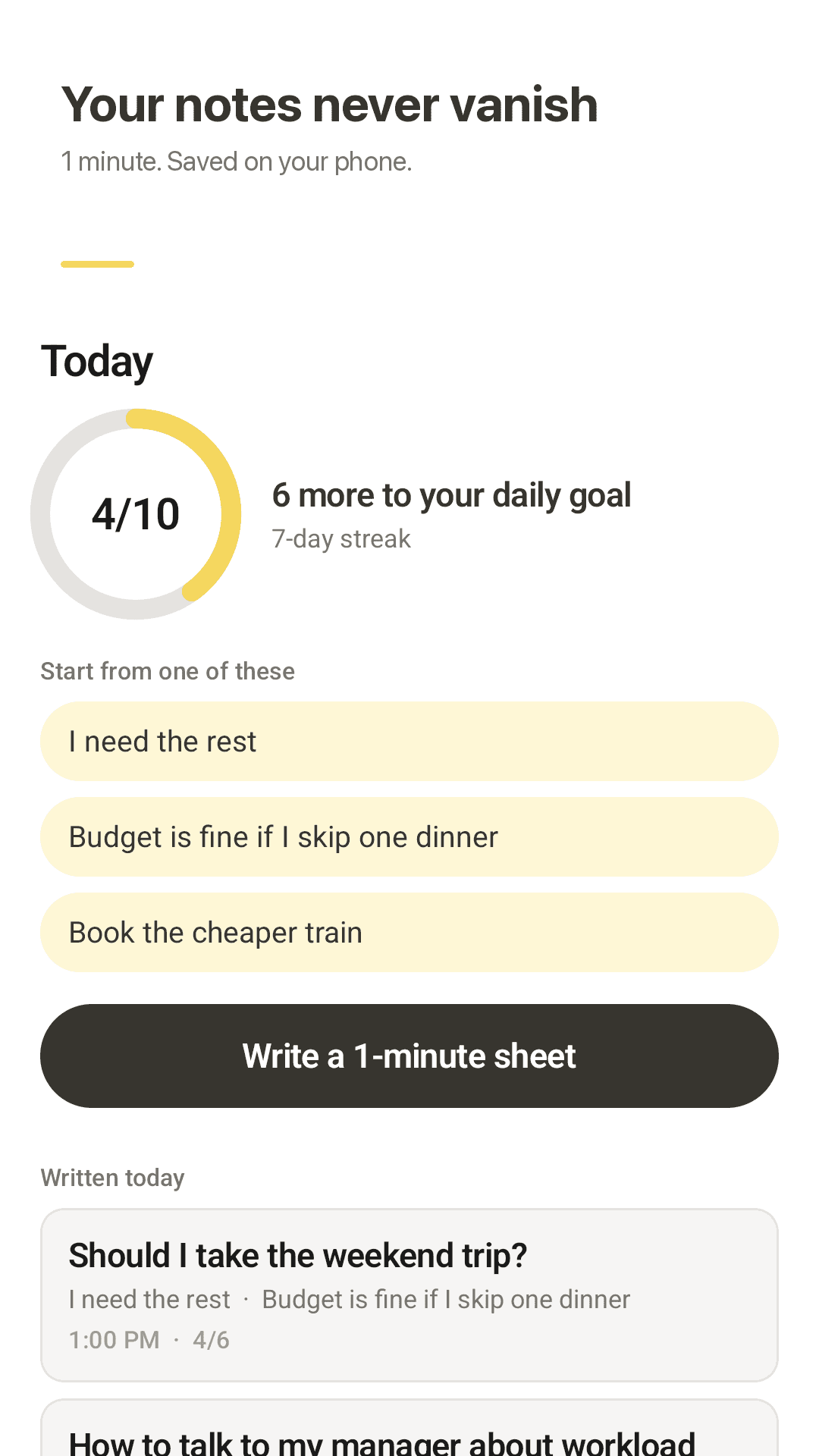 Thinksheet writing screen โ one title, six lines and a 60-second progress ring