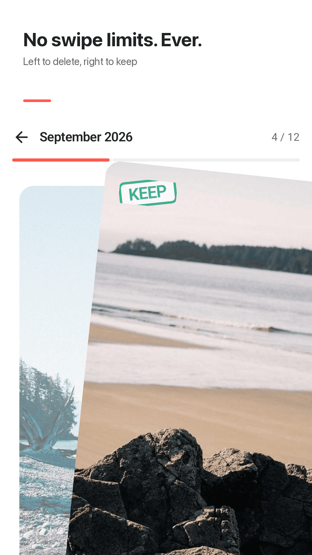 Tidyroll swipe screen with a photo card to keep or delete