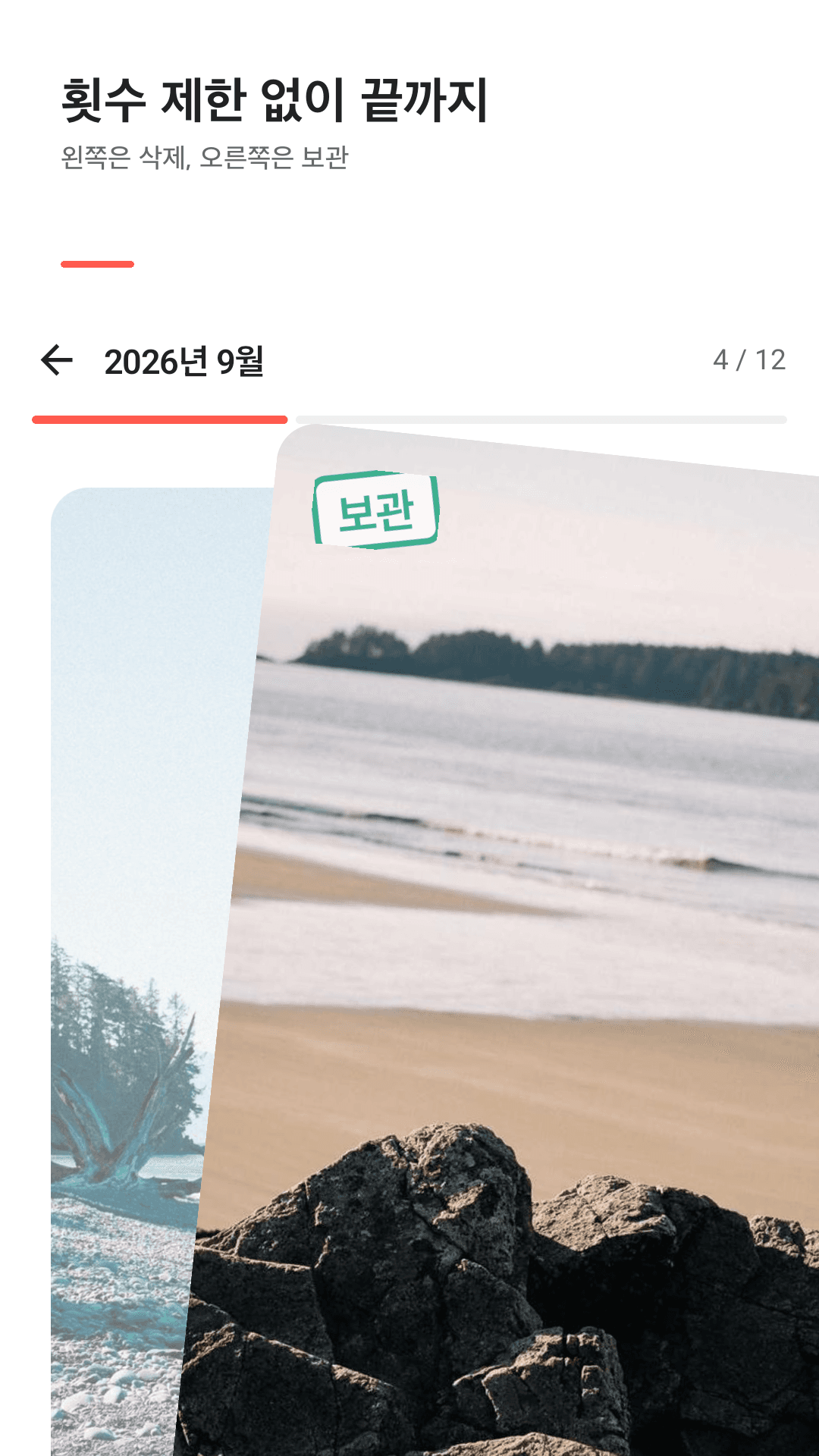 Tidyroll 스와이프 화면 — 사진 카드를 넘겨 보관 또는 삭제