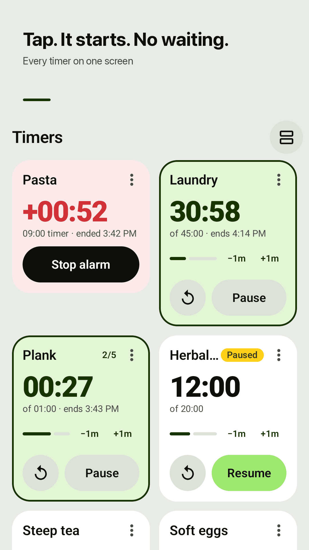 Timerdeck home screen — white timer cards on a sage background: Pasta has ended at a red +00:52, Laundry and Plank are running