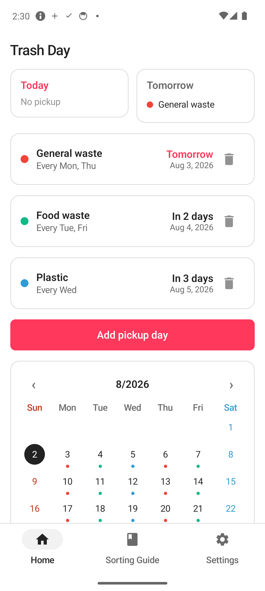 Trash Day home screen — today's and tomorrow's pickups
