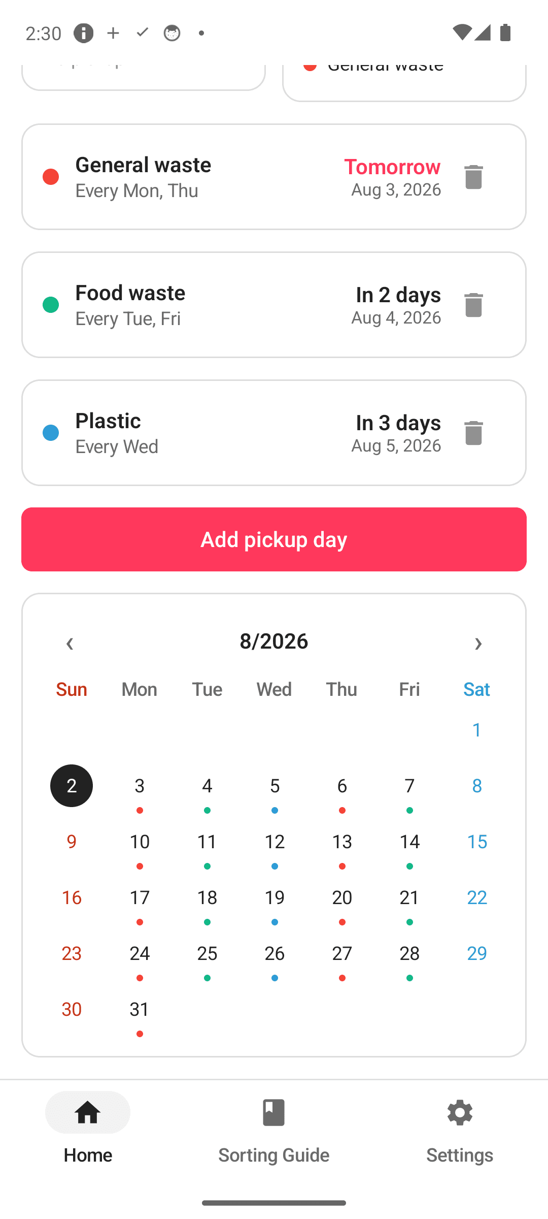 The week's schedule on a color calendar