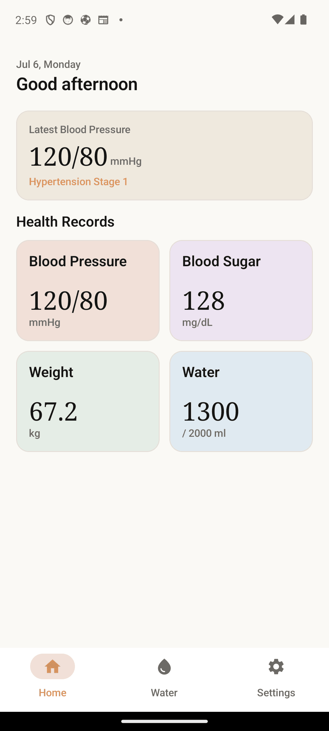 VitalLog home screen — blood pressure, sugar, weight and water cards