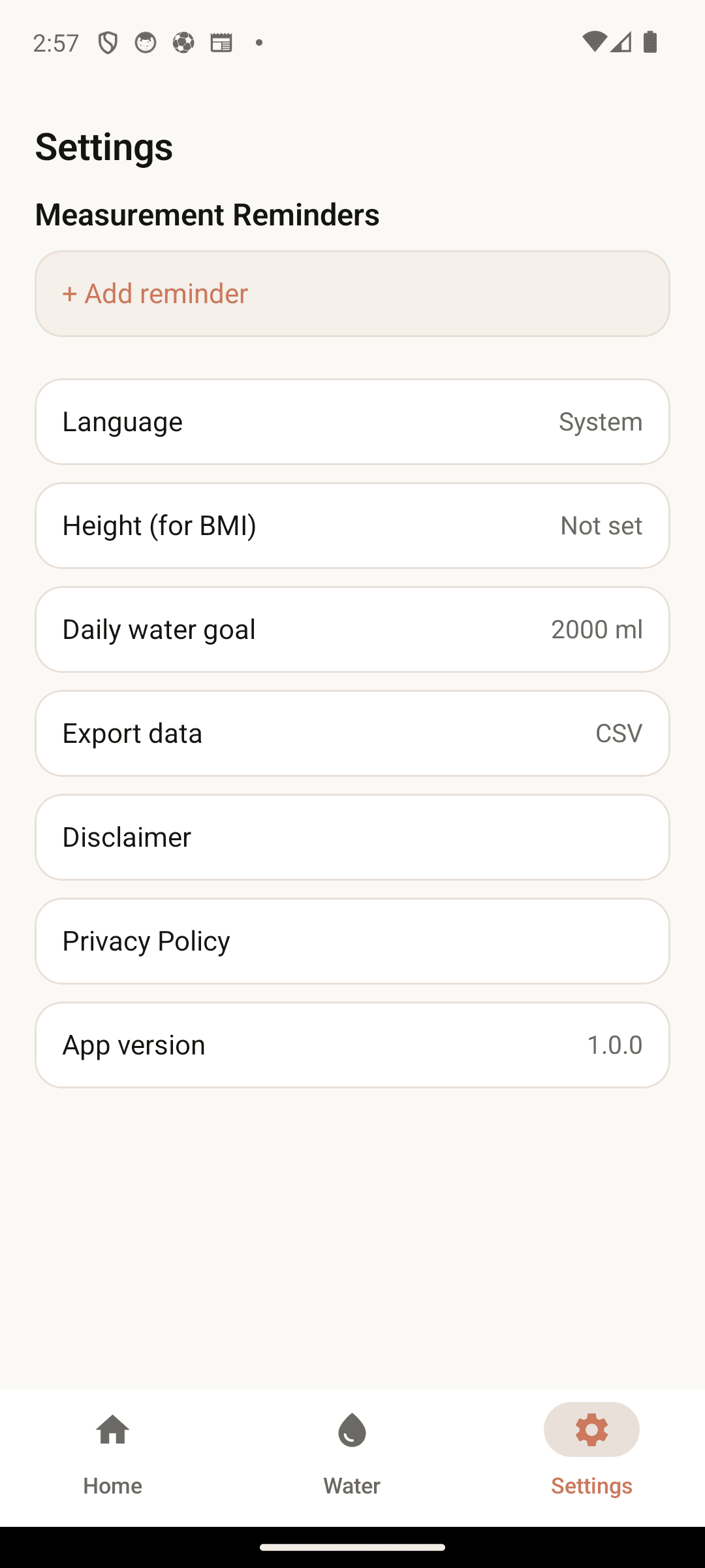Height, water goal, language and reminders your way