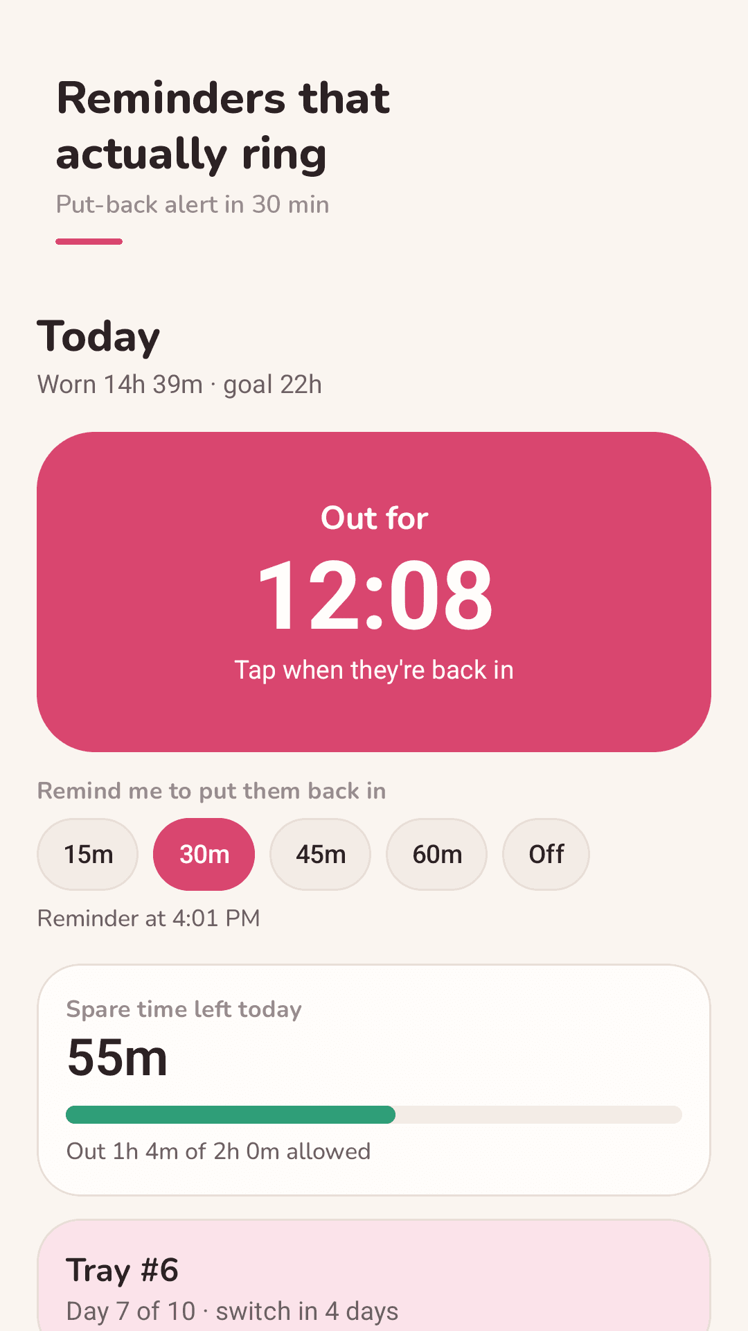 Wearlo timer screen: a big out/in button and spare time left today