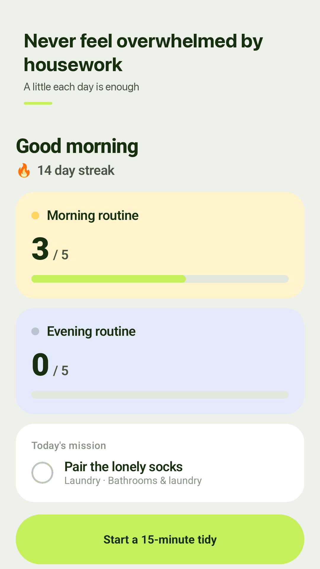 Zestday Today screen: morning routine 3 of 5, evening routine, today's mission and a Start a 15-minute tidy button